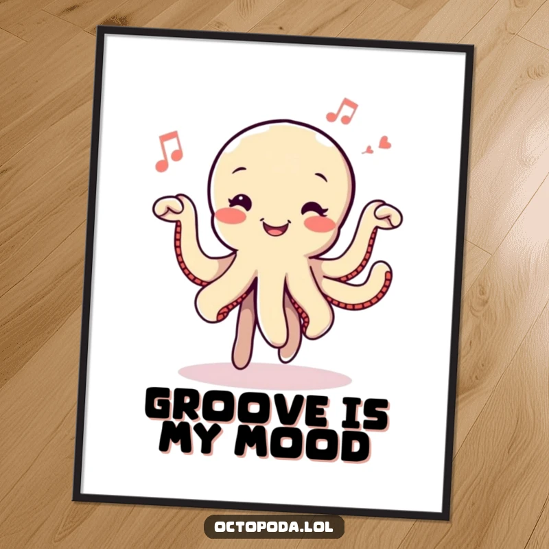 Funny Dancing Octopus Digital Art Print: A smiling octopus dancing with musical notes, bringing vibrant rhythm and joy to any wall.