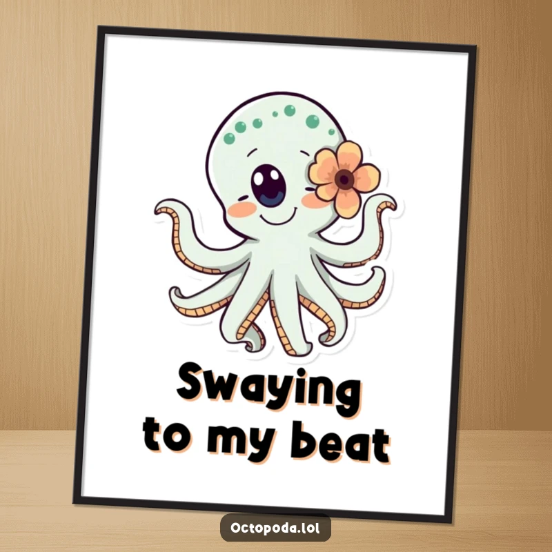 Funny digital art print of a happy, dancing octopus with a flower, ideal for instant download and creating a joyful atmosphere.