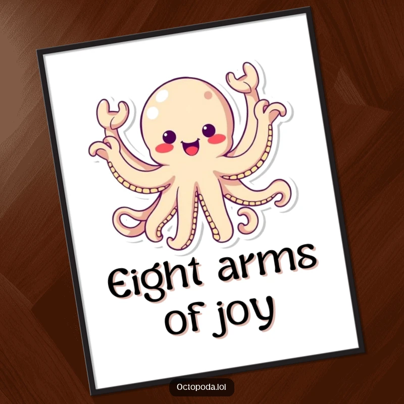 Funny Digital Art Print: A kawaii octopus energetically waving all eight arms, a humorous and downloadable artwork.