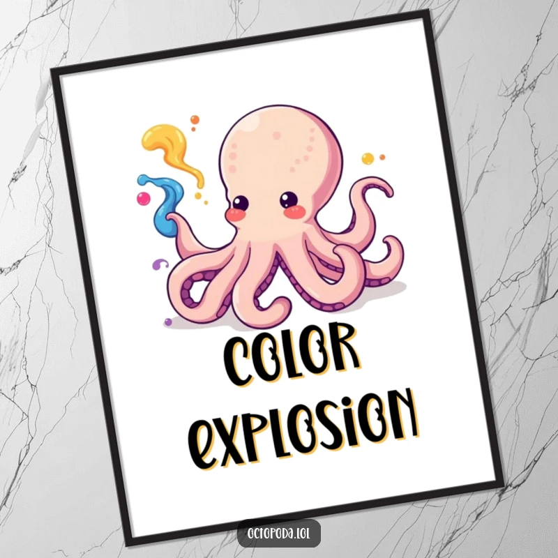 Funny Kawaii Octopus Digital Art Print showing a cephalopod playfully squirting colorful ink in a swirling pattern, instant download.