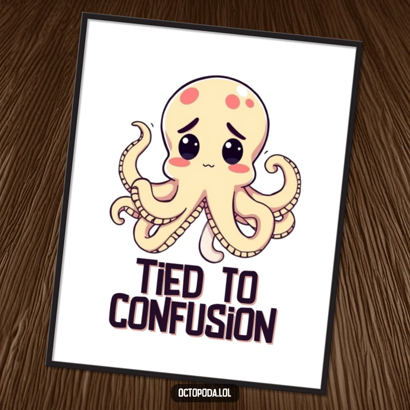 Funny Kawaii Octopus Digital Art Print of a perplexed cephalopod with tentacles tied in a comical knot, instant download for humorous decor.