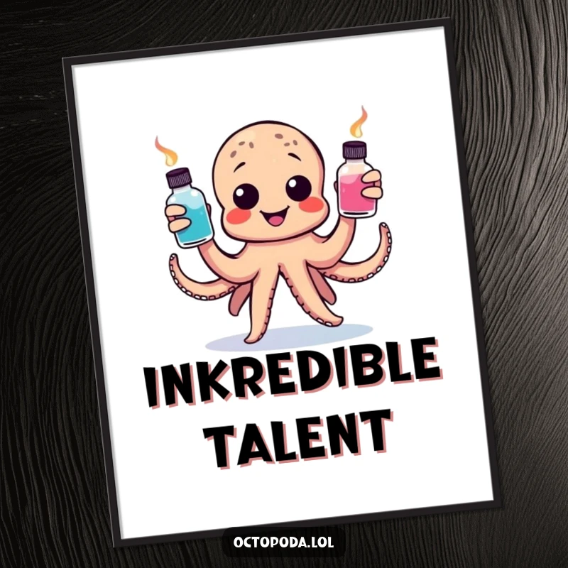 Funny digital art print of a happy octopus juggling colorful ink bottles, ideal for humorous and artistic wall decor.