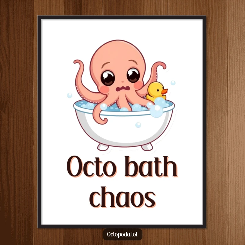 Funny Digital Art Print: Surprised octopus with wide eyes leaps from a bubble bath with a rubber duck, embodying splashy humor.