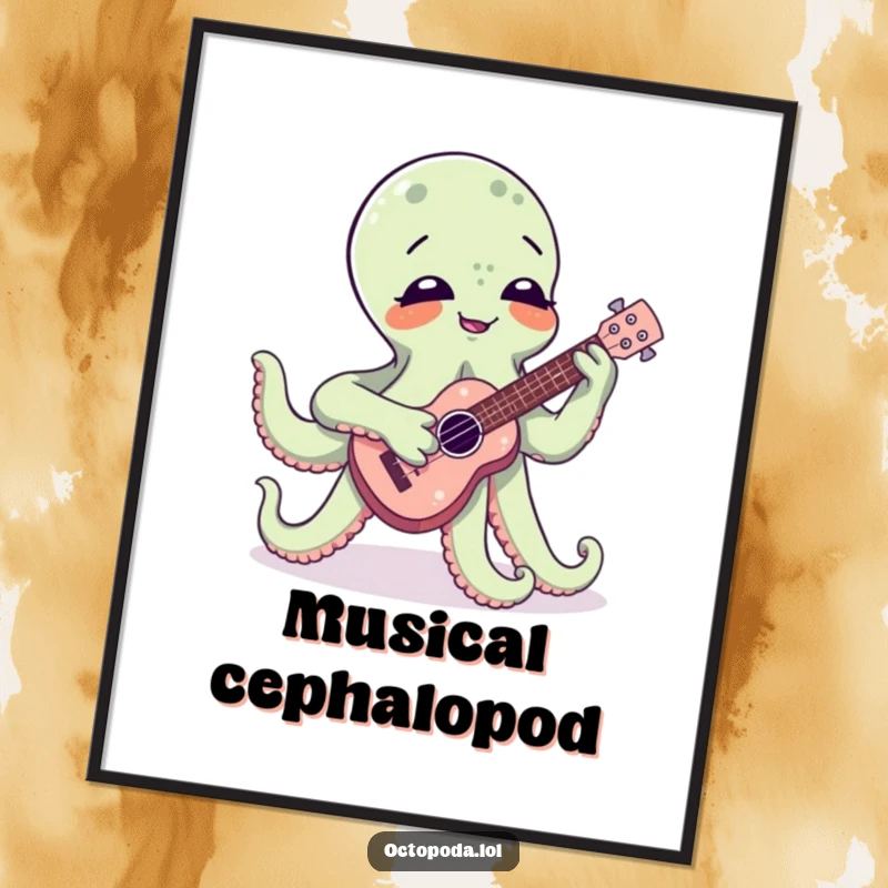 Funny digital art print of a cheerful octopus enthusiastically playing a miniature ukulele, perfect for instant humorous home decor.