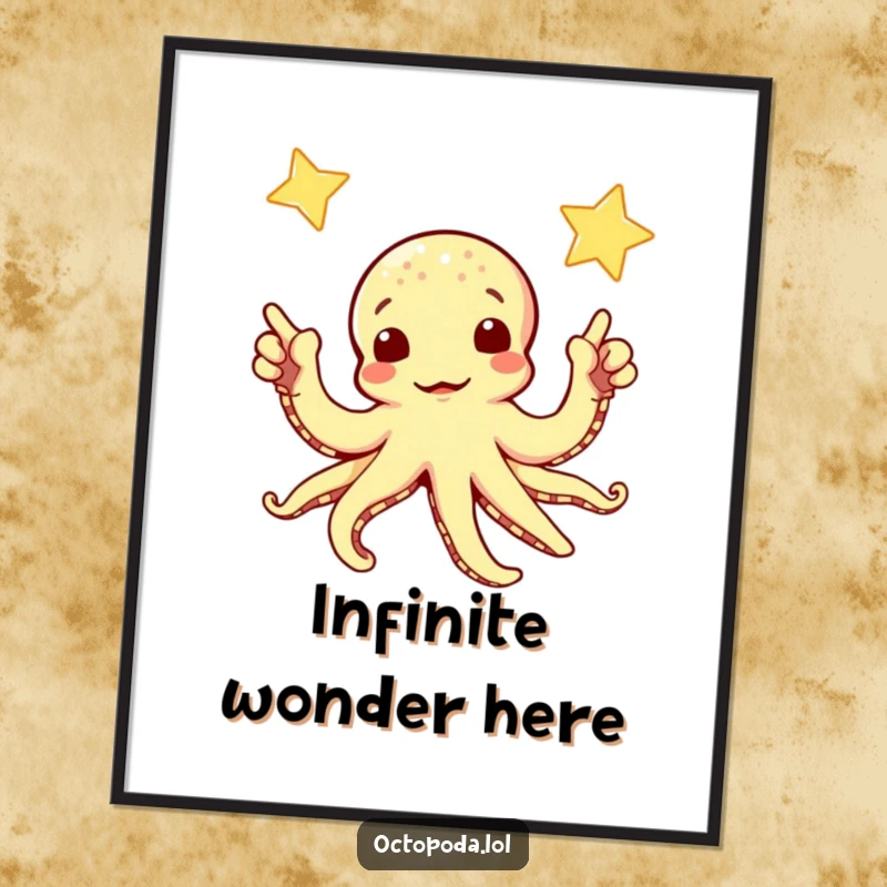 Funny digital art print of a curious octopus pointing its arms towards a twinkling star, symbolizing wonder and exploration.
