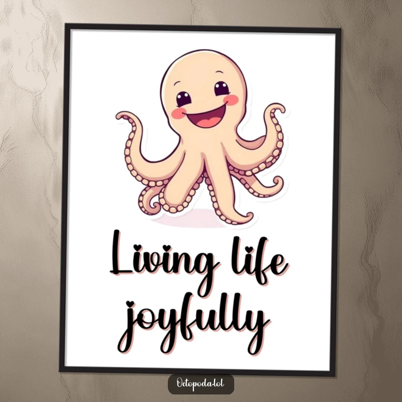 Funny digital art print of a cartwheeling octopus with a wide, joyful grin, offering instant happiness and fun.