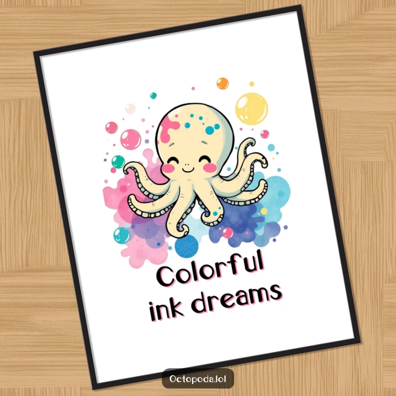 Funny digital art print of a cheerful octopus swimming through colorful bubbles, creating playful ink splatters with a smile.