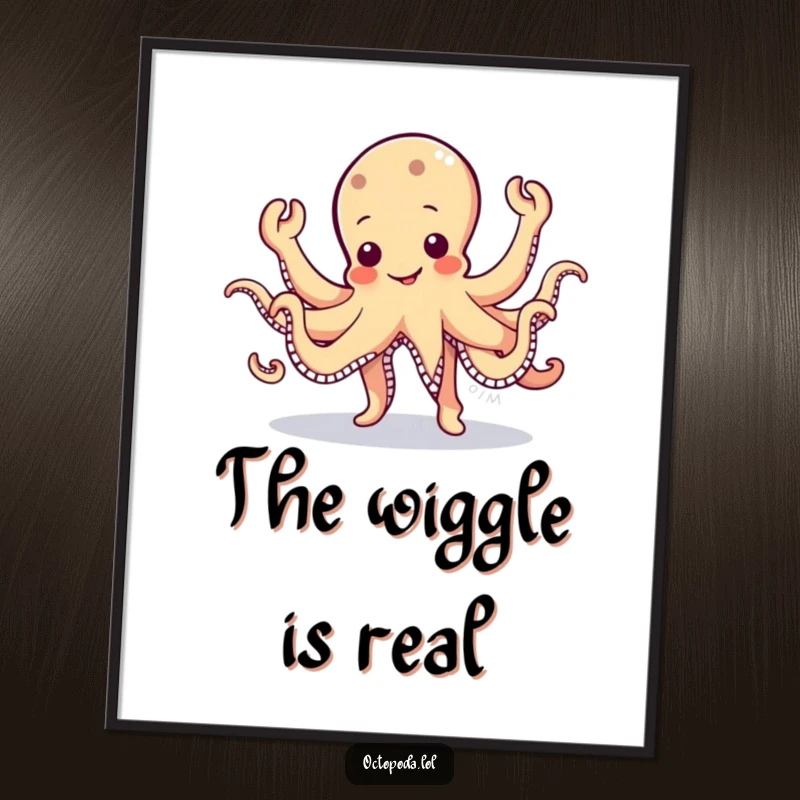 Funny Octopus Digital Art: A cute, wobbly octopus character doing a silly jig with all eight arms waving, ready to print.