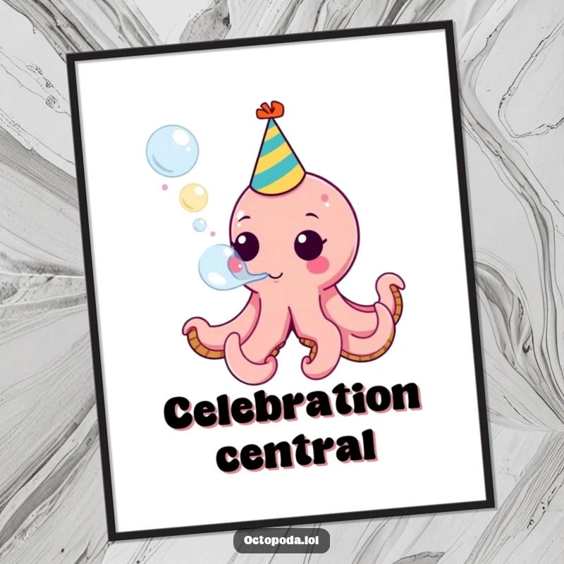 Funny digital art print of a cute, party-hat-wearing octopus blowing a colorful bubble, perfect for festive wall decor.