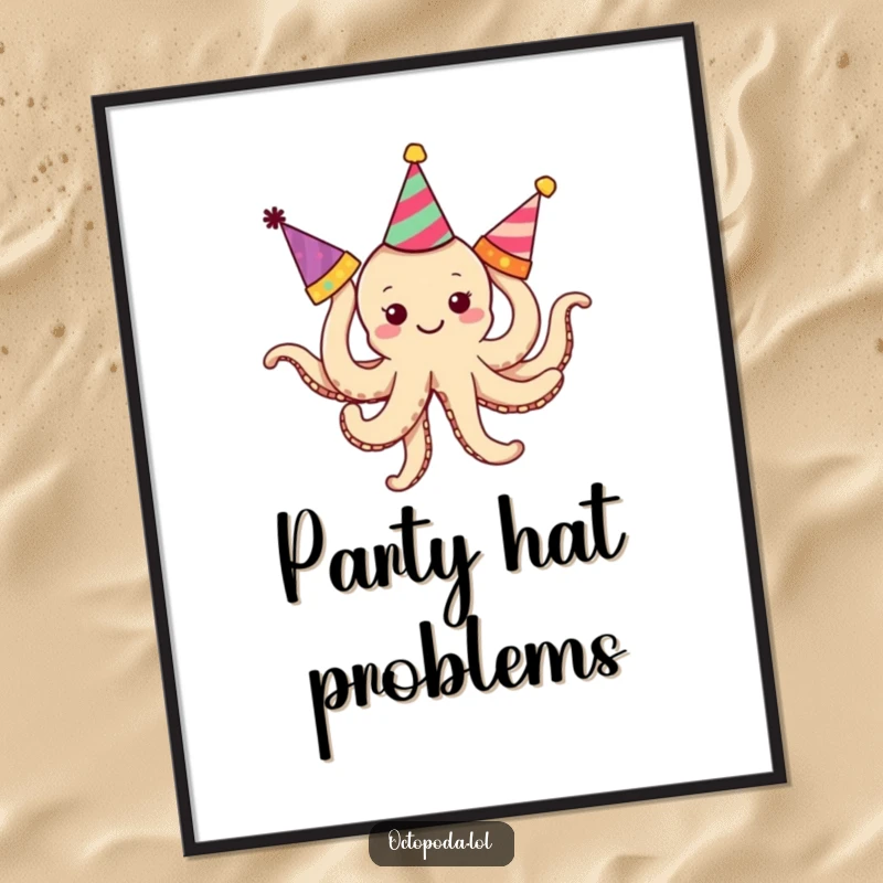 Funny Octopus Digital Art: A smiling, tiny octopus comically entangled in party hats, ready for digital or print decor.