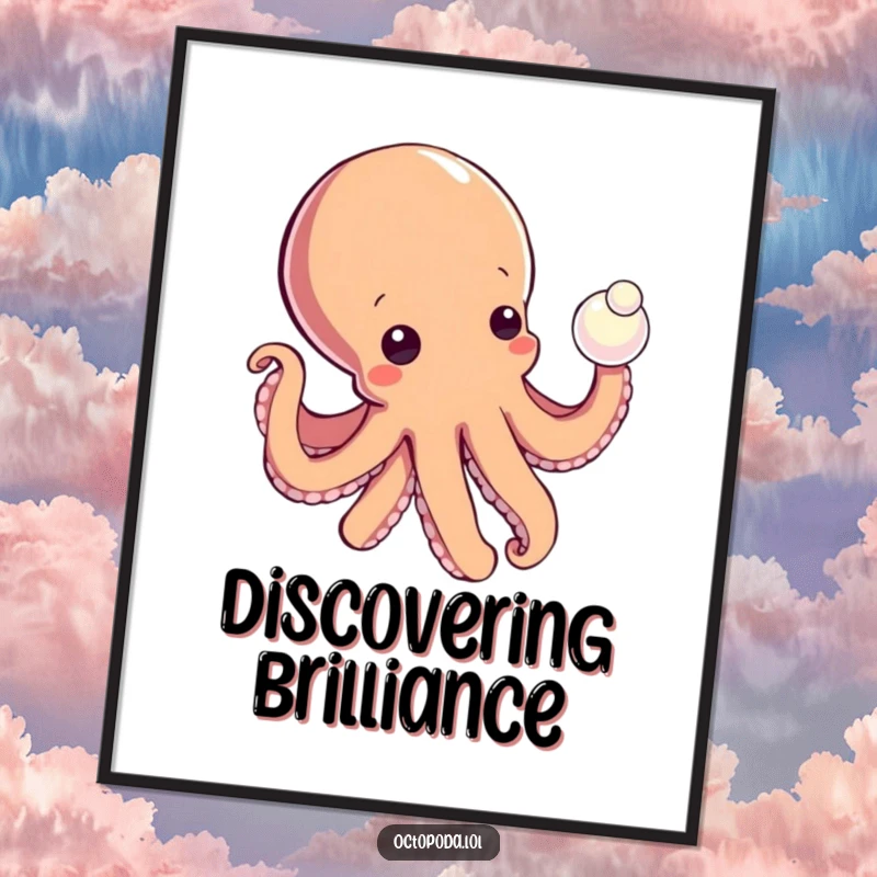 Funny digital art print of a curious octopus extending a tentacle to touch a shiny pearl, ideal for intriguing wall decor.