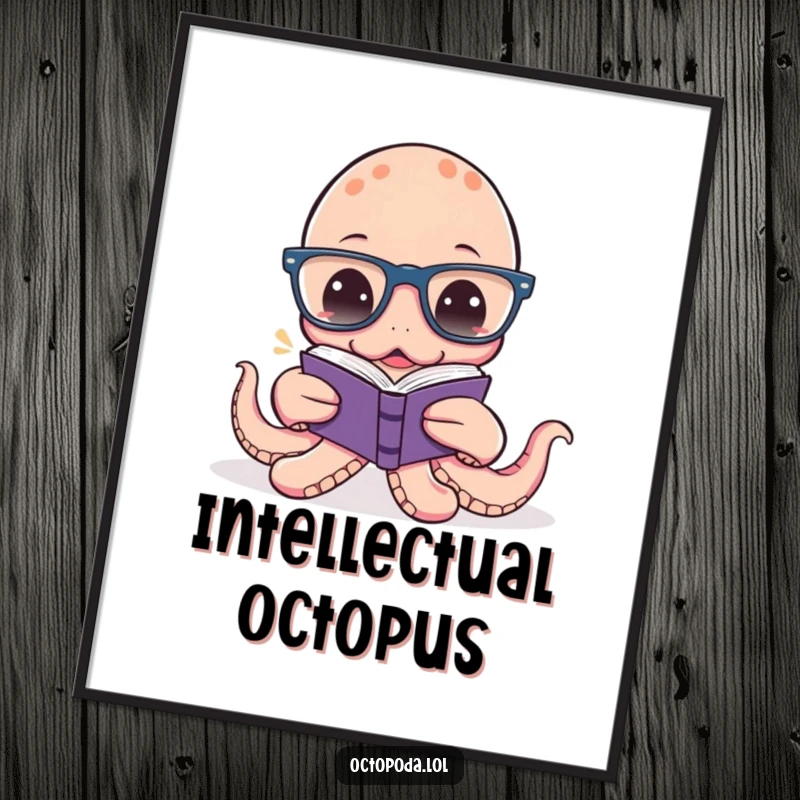 Funny Octopus Reading Digital Art Print: A downloadable artwork of a funny octopus wearing glasses, attempting to read a small book, perfect for framing.