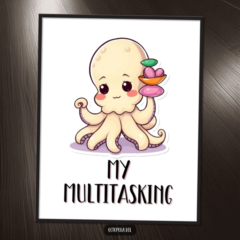 Funny digital art print of a determined little octopus character using a tentacle to stack colorful shiny shells, coastal art.