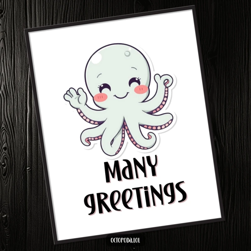 Funny digital art print of a smiling octopus character waving hello with multiple tentacles, for warm, humorous decor.