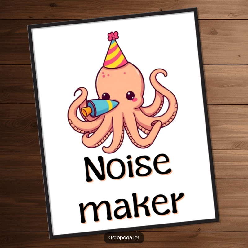 Funny Digital Art Print of an octopus wearing a party hat and blowing a colorful party horn, perfect for festive spaces.