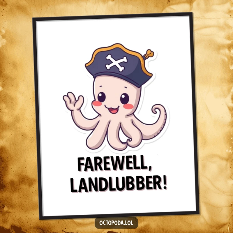 Funny pirate octopus digital art print: a playful octopus in a pirate hat waves goodbye with a tentacle, perfect for printable decor and seaside charm.