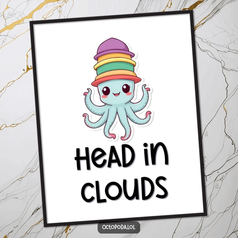 Funny Digital Art Print of a cheerful octopus character balancing seven colorful hats, bringing balanced humor to walls.