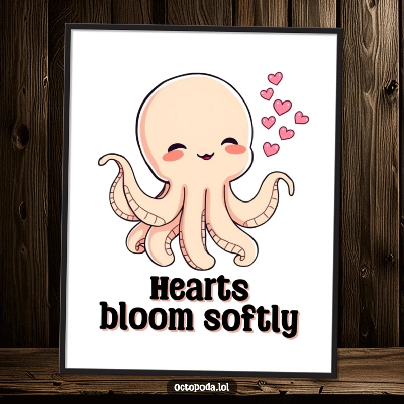 Funny digital art print of a baby octopus blowing heart-shaped ink clouds, ideal for instant download and adding sweet charm.