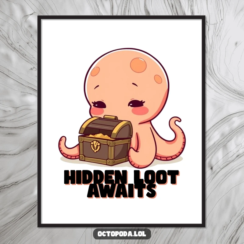 Funny octopus digital art print, a curious cephalopod sniffing a tiny treasure chest, evoking wonder and adventure, humorous wall decor.