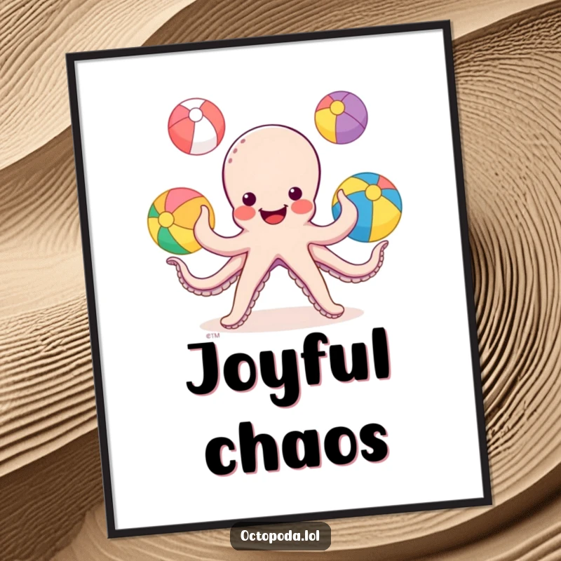 Funny Octopus Juggling Digital Art Print: a smiling octopus juggling colorful beach balls with its tentacles, ready for fun decor.