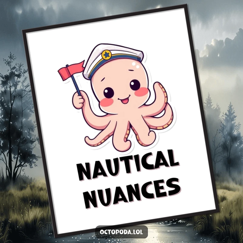 Funny digital art print of a playful octopus in a sailor hat waving a tiny flag, bringing instant nautical charm.