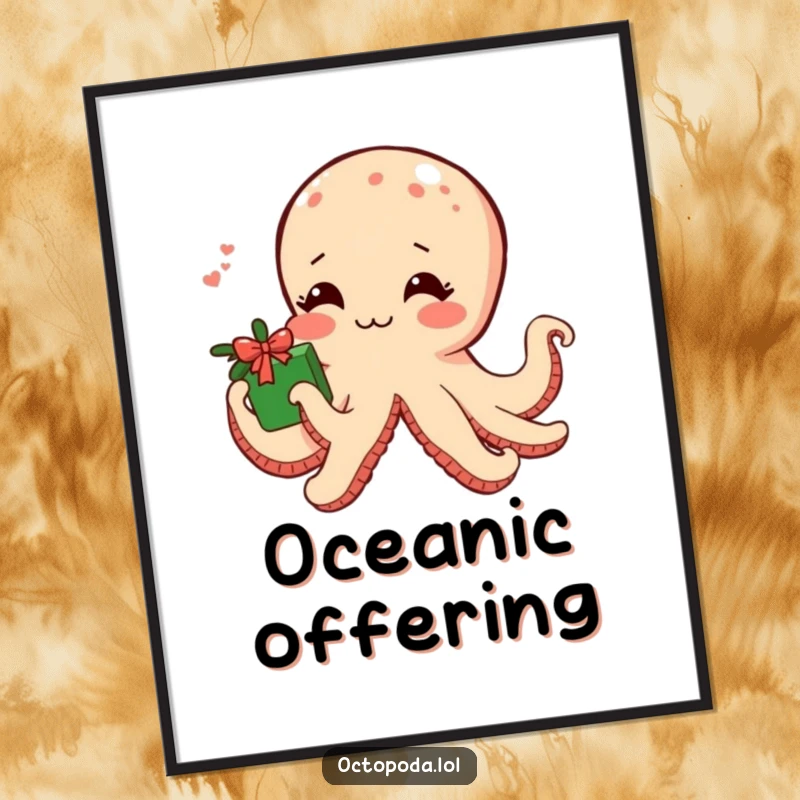 Funny digital art print of a shy blushing octopus offering a small gift wrapped in seaweed, bringing instant sweet charm.