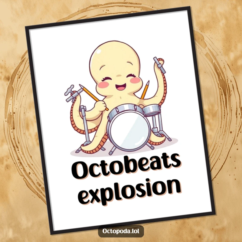 Funny digital art print of a giggling octopus playing a miniature drum set with enthusiasm, capturing a moment of pure musical joy and artistic expression.