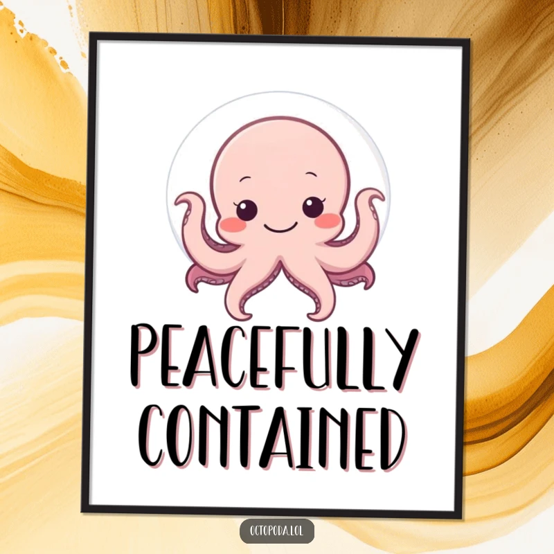 Funny digital art print of a shy octopus hiding behind a large, smiling bubble, offering instant cuteness and humor.