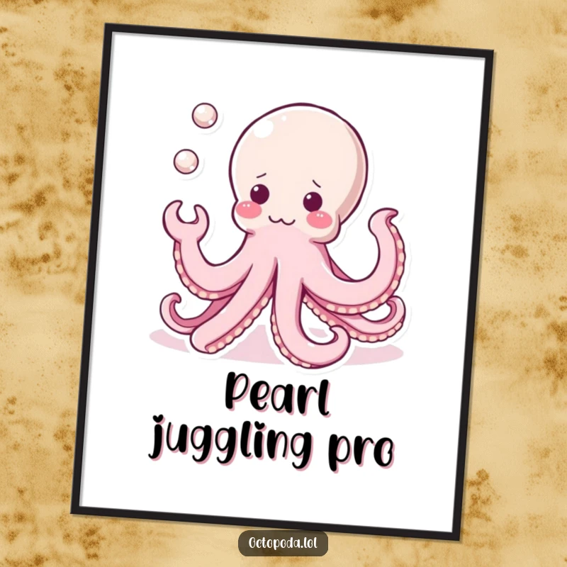 Funny Kawaii Octopus Digital Art Print: A cute octopus juggling three shiny pearls, bringing instant charm and delicate artistic flair to any room.