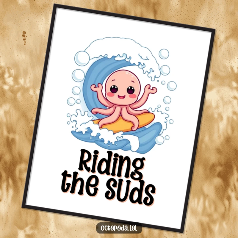 Funny digital art print: a happy octopus dynamically surfing a giant wave made of iridescent soap bubbles, perfect for framing and display.