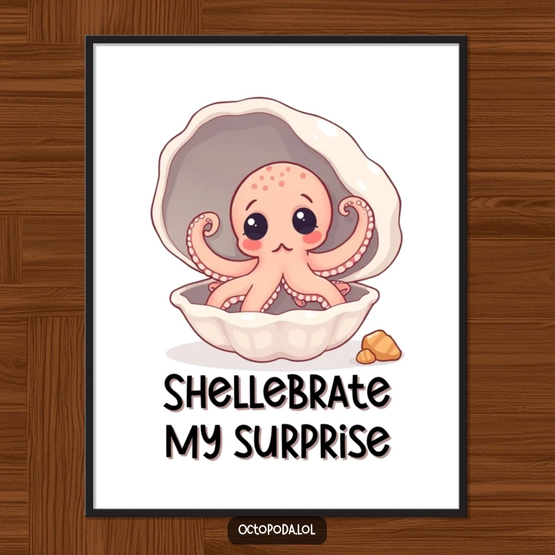 Funny Digital Art Print: A surprised octopus peeking from a giant seashell, creating a sense of playful discovery.