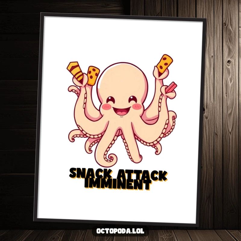 Funny digital art print of a smiling octopus with its many arms reaching for an assortment of delicious snacks.