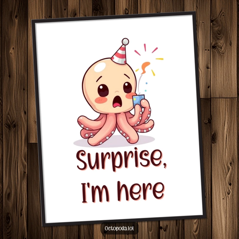 Funny Octopus Digital Art: A baby octopus character comically surprised by a popping party popper, ready to print.