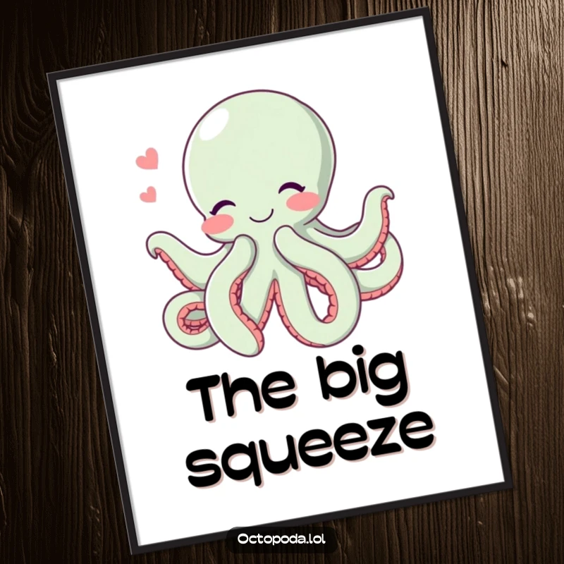 Funny Hugging Octopus Digital Art Print: A downloadable art print of a blushing octopus giving a big hug with all its tentacles, full of love.