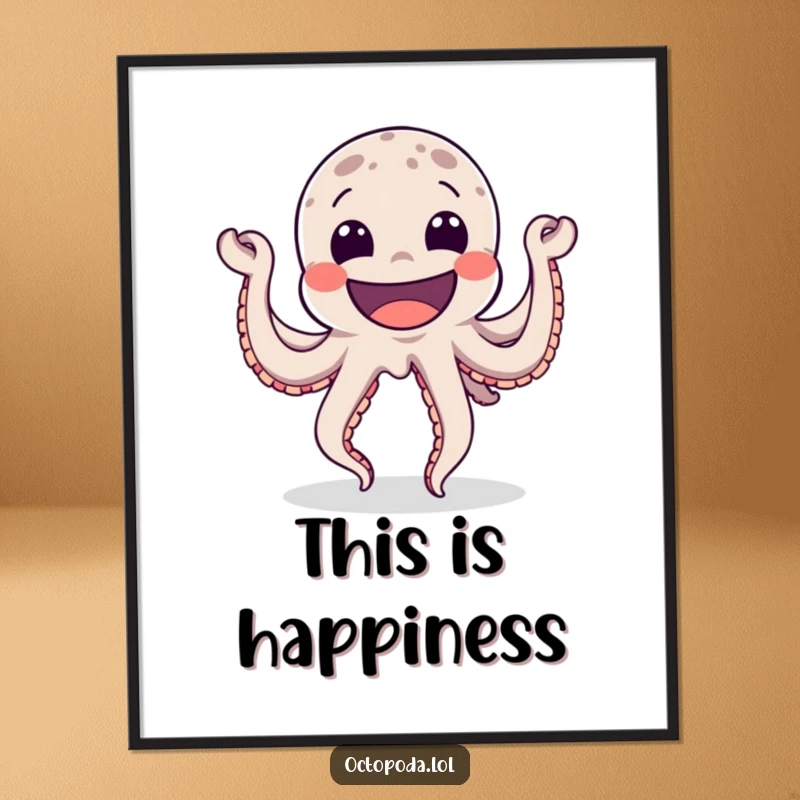 Funny Digital Art Print of a jubilant octopus dancing with a wide grin, a cheerful and humorous piece for digital art collectors.