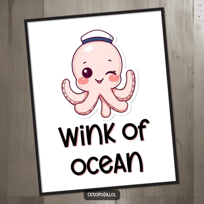 Funny digital art print of a winking octopus wearing a sailor hat, perfect for humorous nautical decor. A humorous gift.