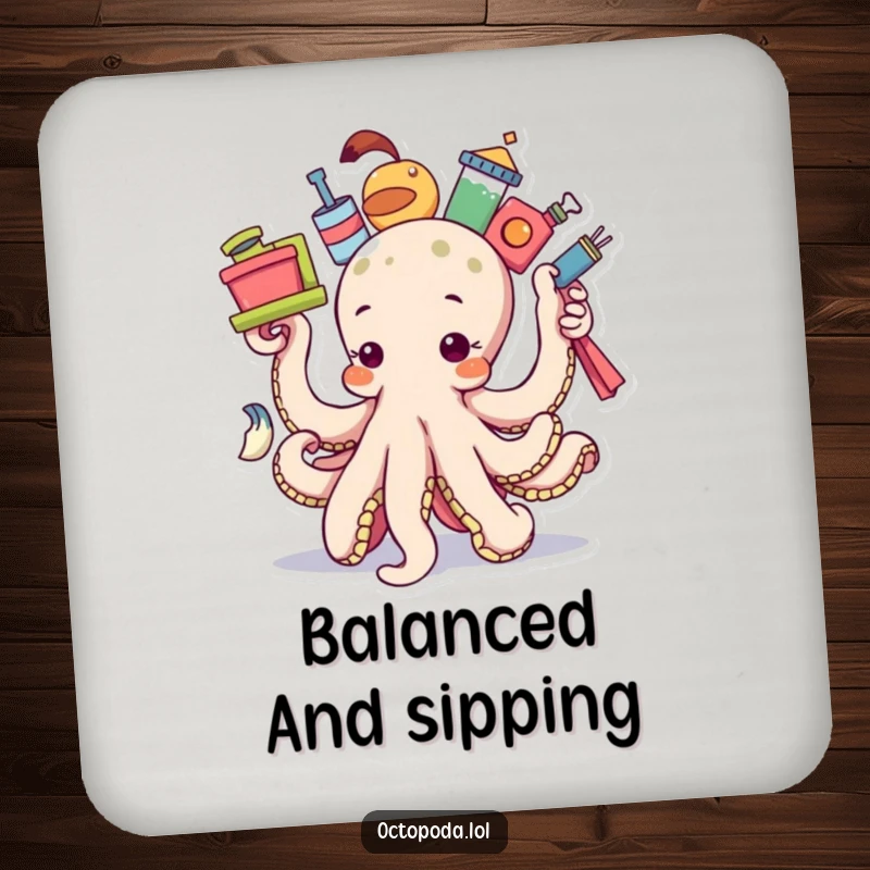 Funny determined octopus drink coaster, showing an octopus balancing many items, protecting surfaces with humor.