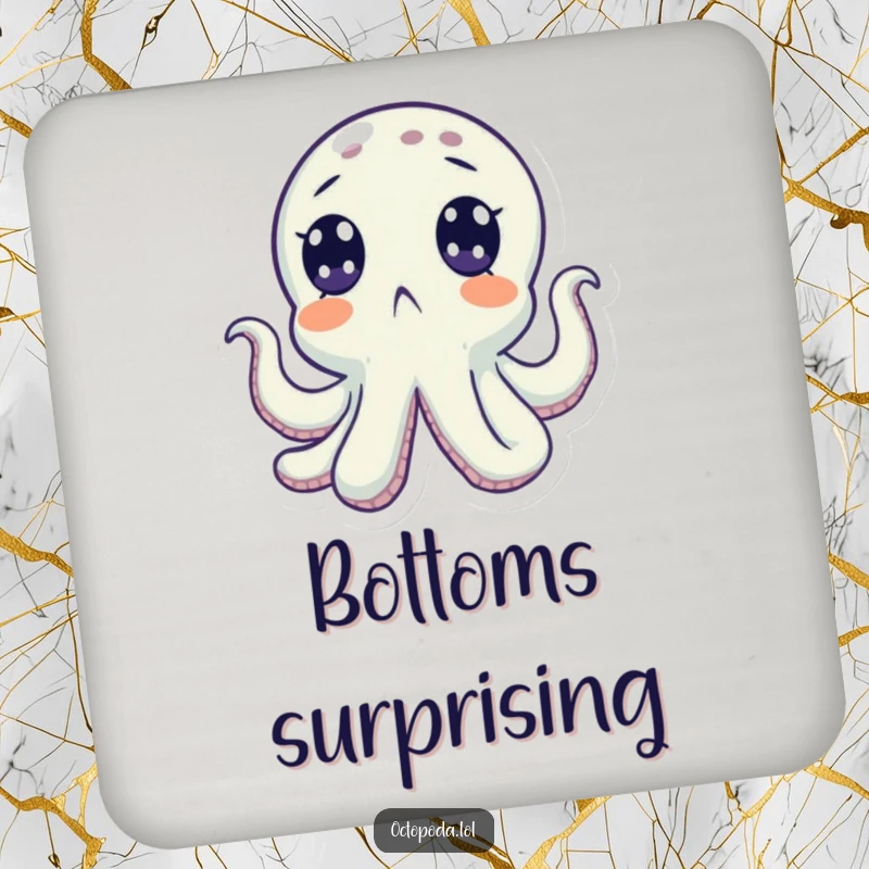 Funny coaster featuring a surprised octopus with wide eyes looking upwards, offering humorous ocean protection. A great gift.