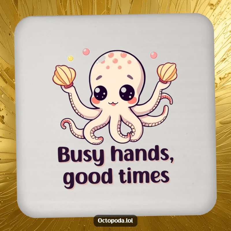 Funny drink coaster with a cute octopus character, its googly eyes juggling seashells, adding humorous table defense.