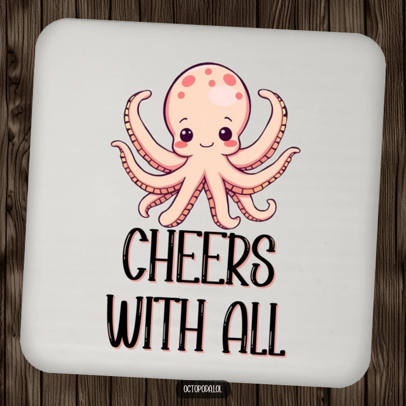 Funny octopus drink coasters, a happy cephalopod unfurling its arms, protecting surfaces with humorous, celebratory style.