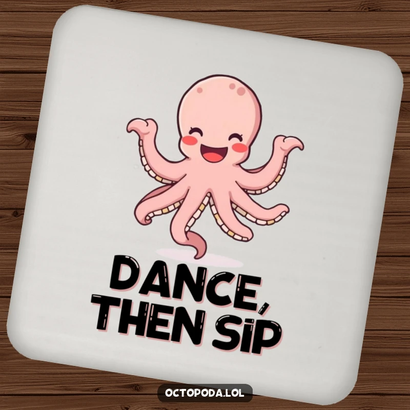 Funny coasters featuring a smiling octopus dancing with its arms in a circle, adding a humorous touch to any drink setting.