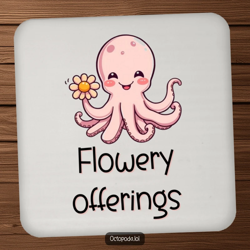 Funny drink coaster with a happy octopus offering a flower via tentacle, protecting surfaces with a smile.