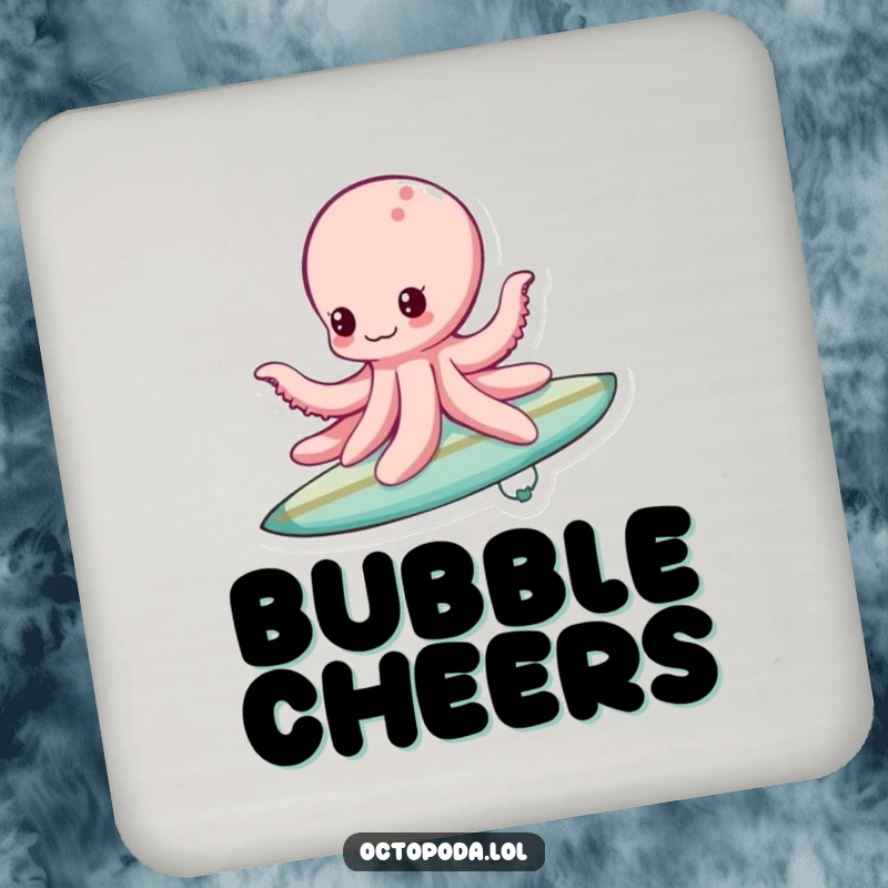 Funny bubble surfing octopus drink coaster, showing an octopus riding a bubble like a surfboard, protecting surfaces playfully.