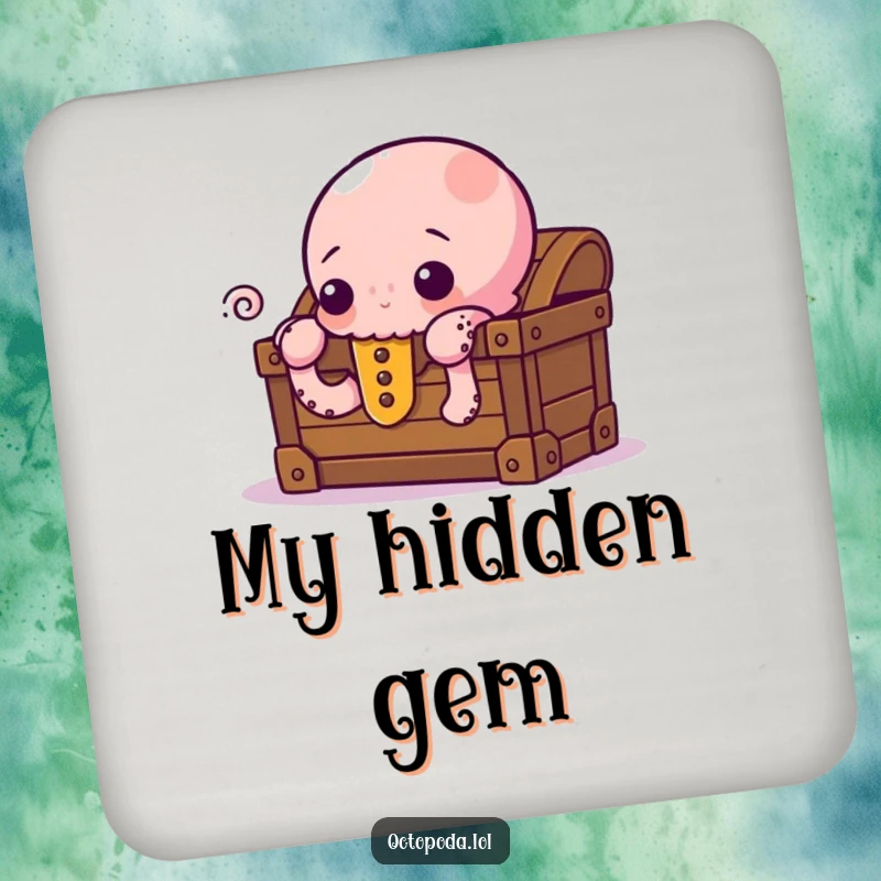 Funny Drink Coaster featuring a curious octopus peeking from behind a treasure chest, adding a touch of playful mystery to tabletops.