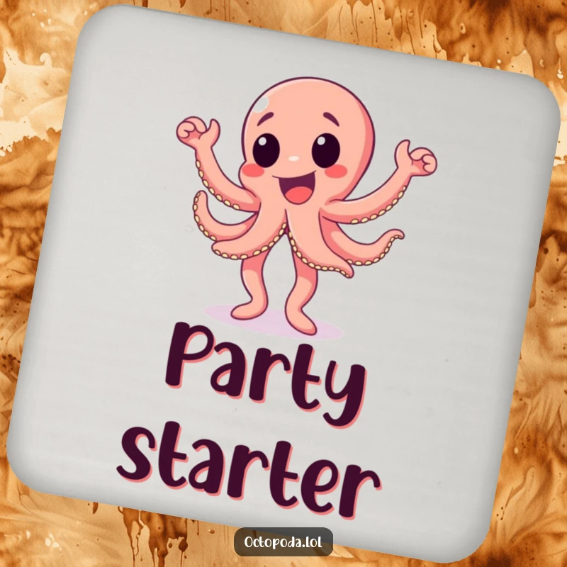 Funny octopus coasters featuring an excited octopus character doing a happy dance, adding a festive and protective touch.