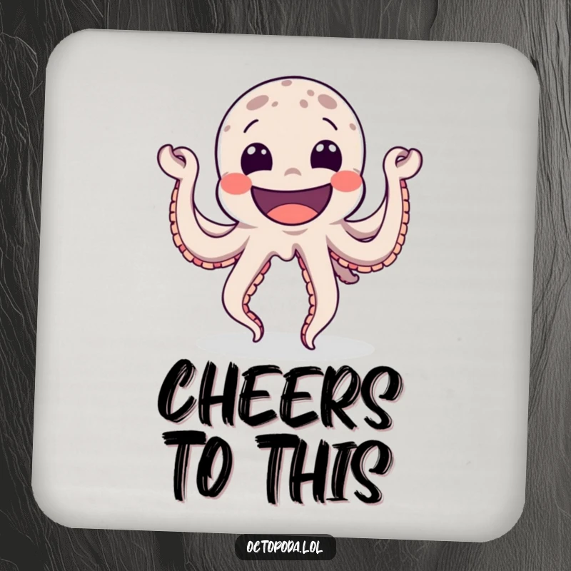 Funny Drink Coaster featuring a happy octopus dancing with a wide grin, adding a touch of playful celebration to any tabletop.