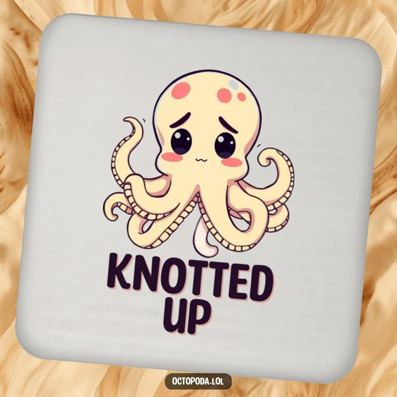 Funny Kawaii Octopus Coaster featuring a perplexed cephalopod with tentacles tied in a comical knot, a functional and decorative piece.