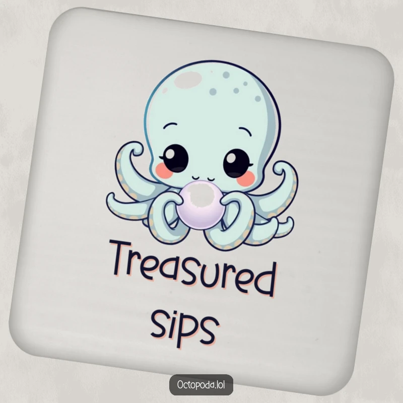 Funny Kawaii Octopus Coaster featuring a curious cephalopod inspecting a shimmering pearl, a functional and decorative piece.