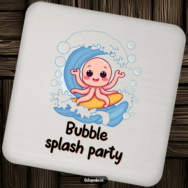 Funny drink coaster: a gleeful octopus surfing a large wave of soap bubbles, perfect for protecting surfaces with a touch of humor.