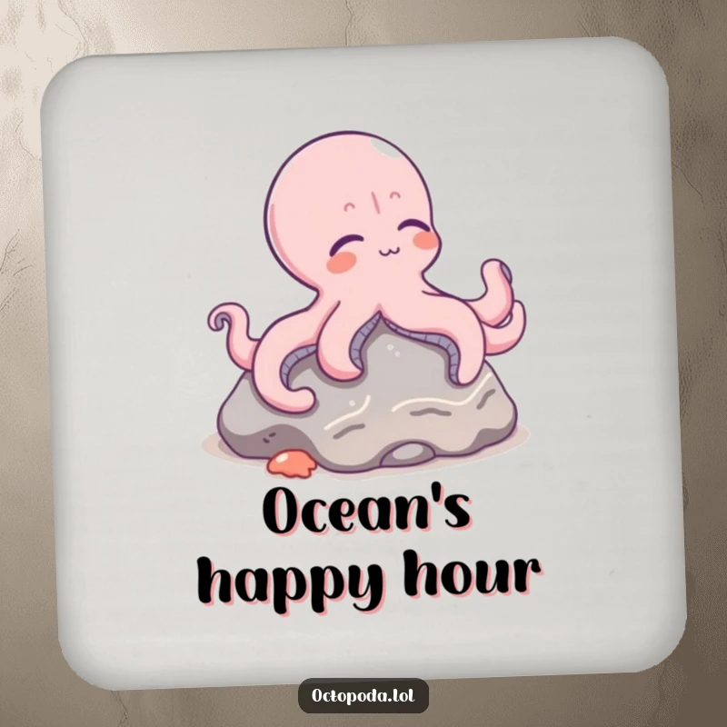 Funny drink coaster with a relaxed octopus character lounging on a seafloor rock, adding a calm vibe.